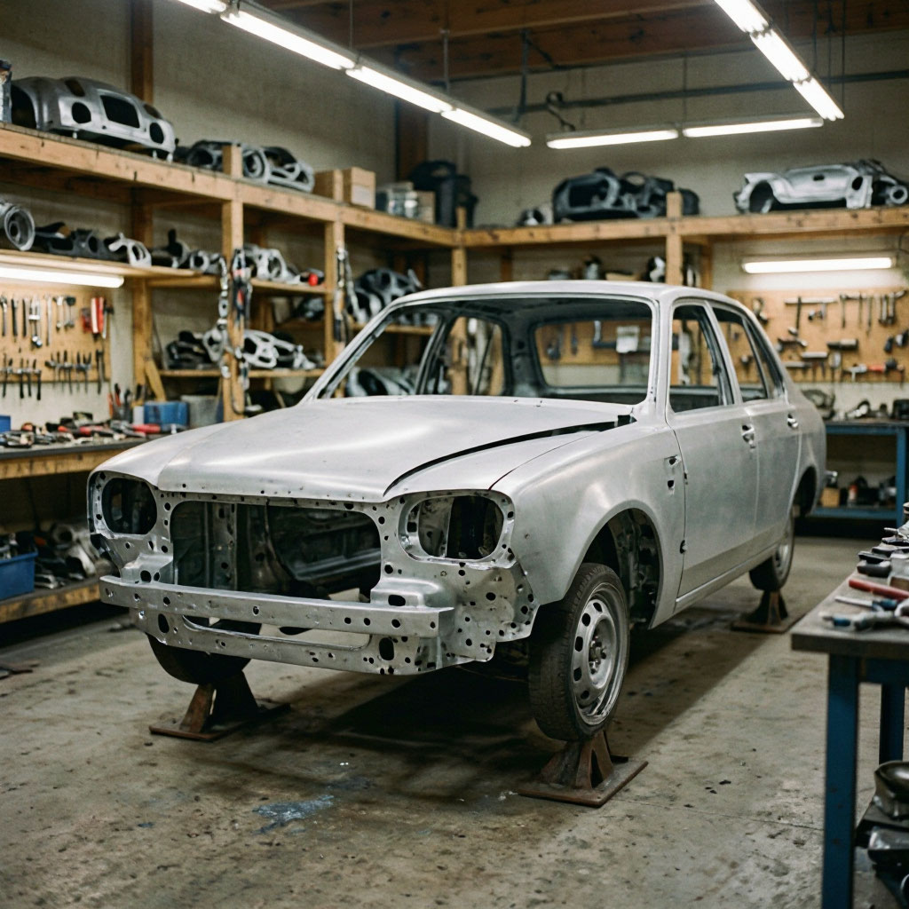Classic car body being prepared for restoration