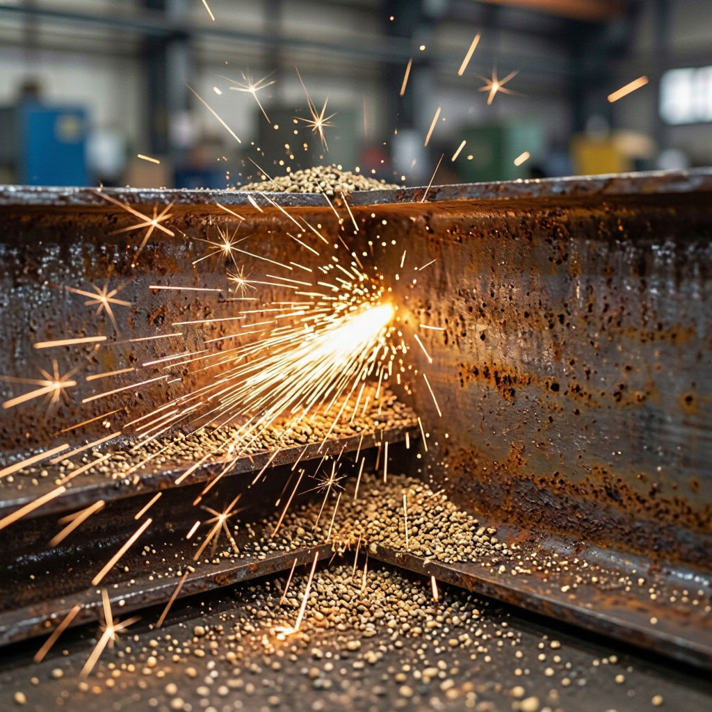 Rust and mill scale being removed from steel